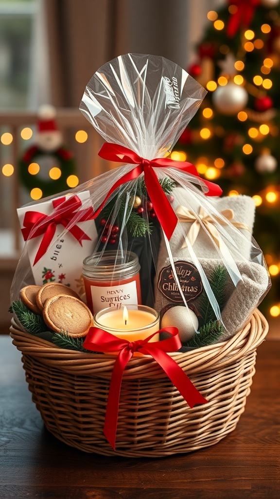 A festive DIY Christmas gift basket with cookies, candle, blanket, and decorations.